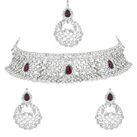 Etnico Silver Plated Traditional Design Stone Work Choker Necklace Jewellery Set With Earring & Maang Tikka For Women/Girls (M4170ZWi)