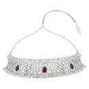 Etnico Silver Plated Traditional Design Stone Work Choker Necklace Jewellery Set With Earring & Maang Tikka For Women/Girls (M4170ZWi)