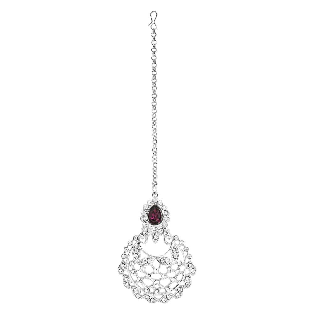 Etnico Silver Plated Traditional Design Stone Work Choker Necklace Jewellery Set With Earring & Maang Tikka For Women/Girls (M4170ZWi)