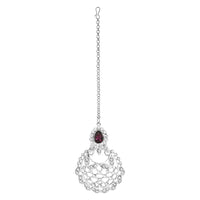 Etnico Silver Plated Traditional Design Stone Work Choker Necklace Jewellery Set With Earring & Maang Tikka For Women/Girls (M4170ZWi)