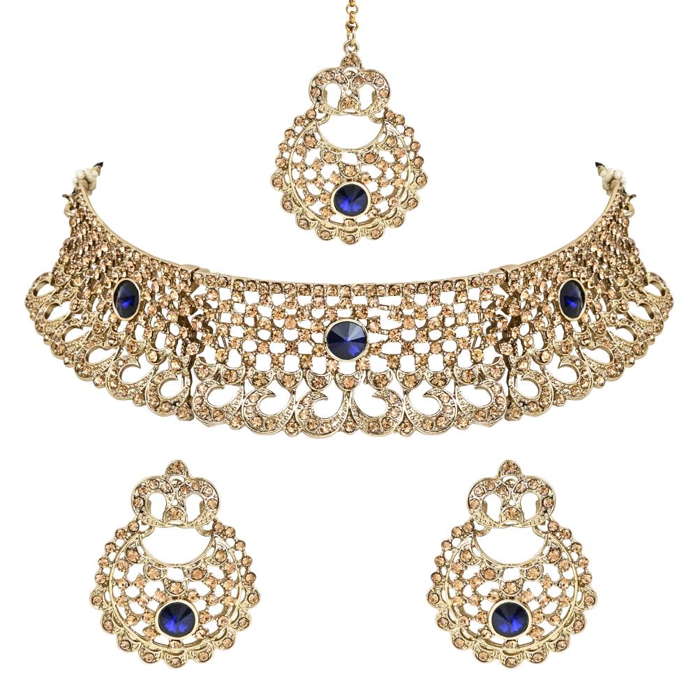 Etnico Gold Plated Traditional Design Stone Work Choker Necklace Jewellery Set With Earring & Maang Tikka For Women/Girls (M4171FLBl
