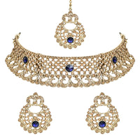 Etnico Gold Plated Traditional Design Stone Work Choker Necklace Jewellery Set With Earring & Maang Tikka For Women/Girls (M4171FLBl