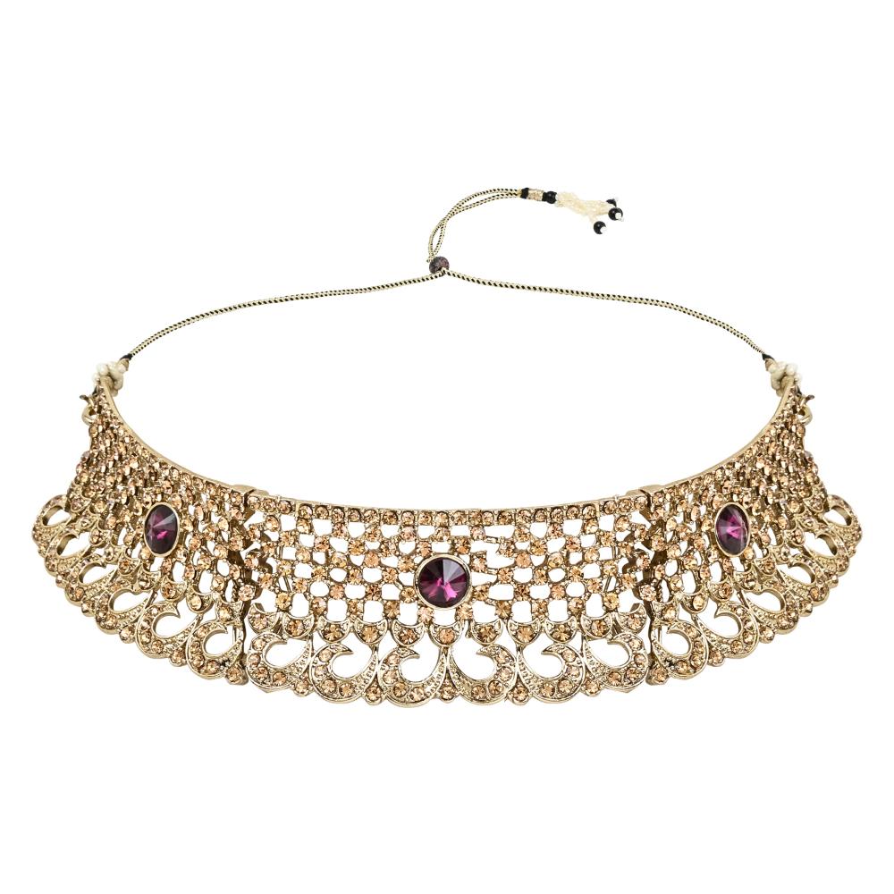 Etnico Gold Plated Traditional Design Stone Work Choker Necklace Jewellery Set With Earring & Maang Tikka For Women/Girls (M4171FLWi)