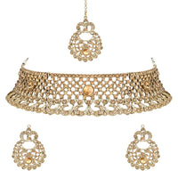 Etnico Gold Plated Traditional Design Stone Work Choker Necklace Jewellery Set With Earring & Maang Tikka For Women/Girls (M4171FL)