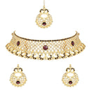 Etnico Gold Plated Traditional Design Stone Work Choker Necklace Jewellery Set With Earring & Maang Tikka For Women/Girls (M4171WWi)