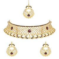Etnico Gold Plated Traditional Design Stone Work Choker Necklace Jewellery Set With Earring & Maang Tikka For Women/Girls (M4171WWi)