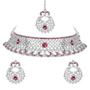 Etnico Silver Plated Traditional Design Stone Work Choker Necklace Jewellery Set With Earring & Maang Tikka For Women/Girls (M4171ZWi)