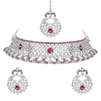 Etnico Silver Plated Traditional Design Stone Work Choker Necklace Jewellery Set With Earring & Maang Tikka For Women/Girls (M4171ZWi)