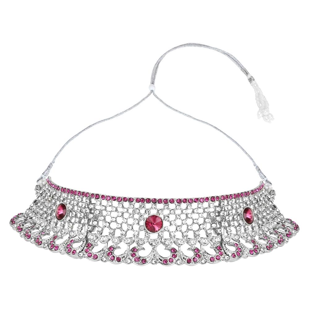 Etnico Silver Plated Traditional Design Stone Work Choker Necklace Jewellery Set With Earring & Maang Tikka For Women/Girls (M4171ZWi)