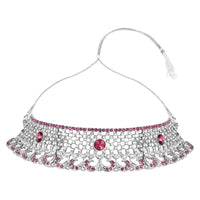 Etnico Silver Plated Traditional Design Stone Work Choker Necklace Jewellery Set With Earring & Maang Tikka For Women/Girls (M4171ZWi)