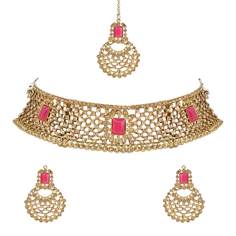 Etnico Gold Plated Traditional Design Stone Work Choker Necklace Jewellery Set With Earring & Maang Tikka For Women/Girls (M4172FLQ)