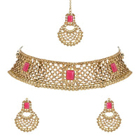 Etnico Gold Plated Traditional Design Stone Work Choker Necklace Jewellery Set With Earring & Maang Tikka For Women/Girls (M4172FLQ)