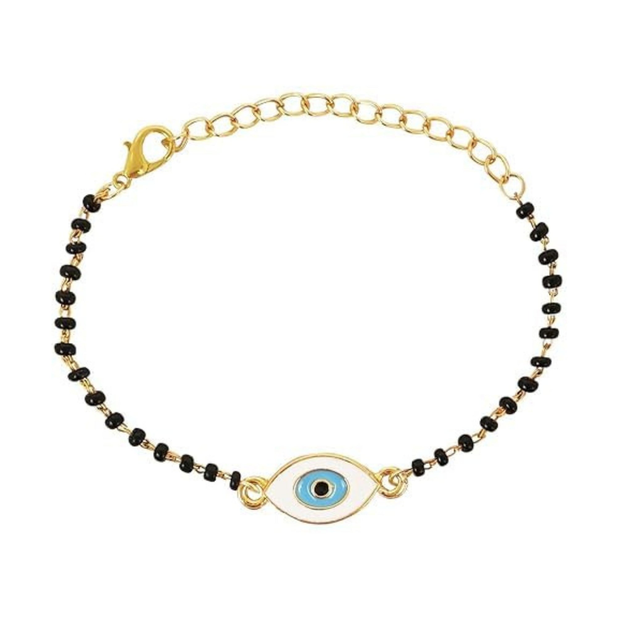 Etnico Gold Plated Traditional Adjustable Black Beads Mangalsutra Bracelet with White Pendant for Women (MB002B)