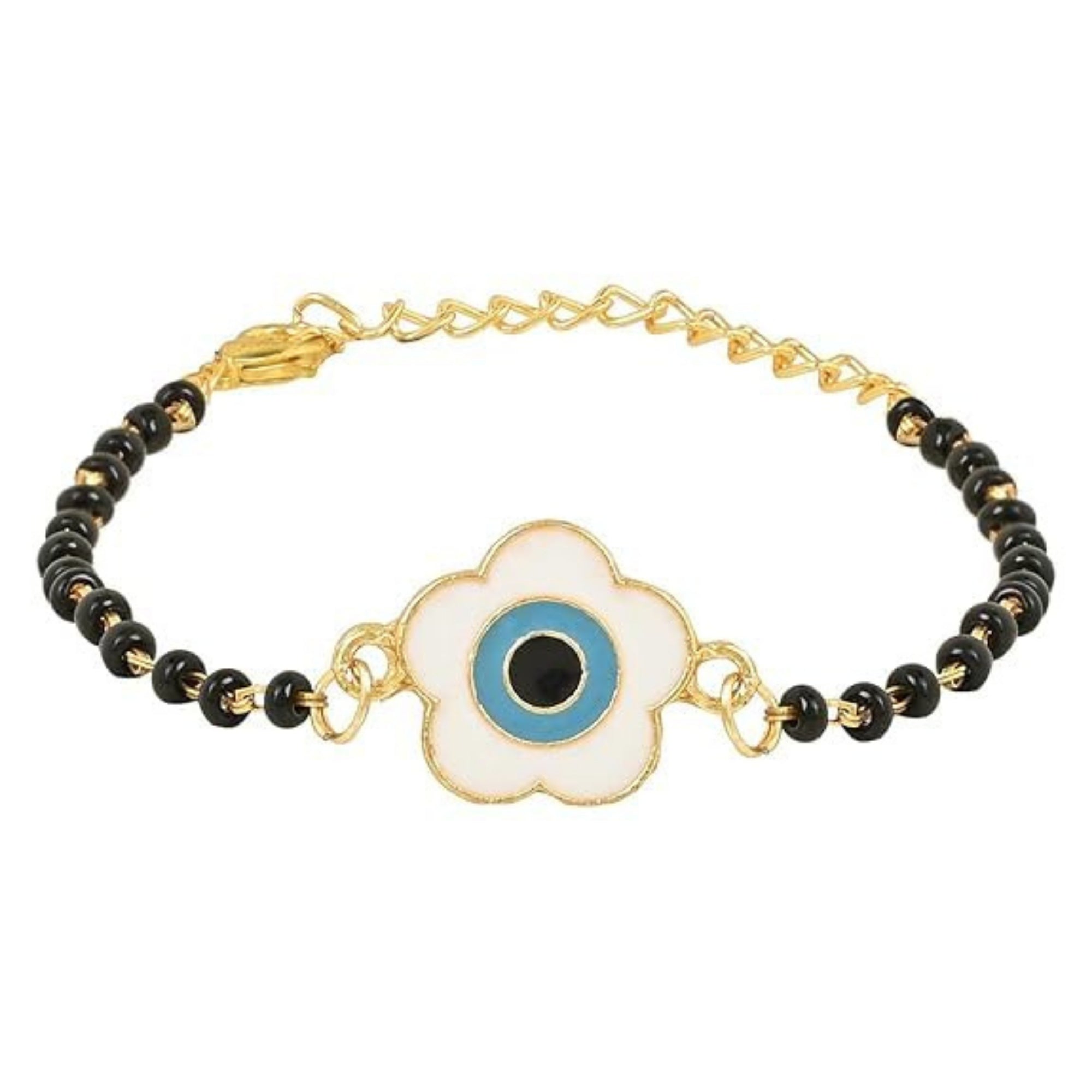 Etnico Gold Plated Traditional Adjustable Black Beads Mangalsutra Bracelet with White Pendant for Women (MB004B)
