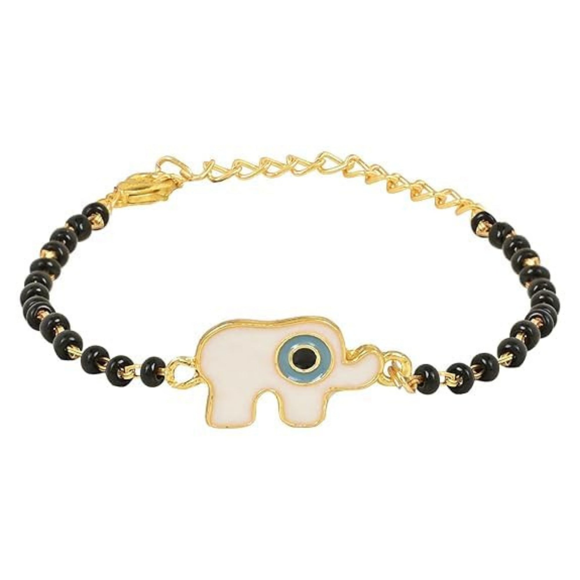 Etnico Gold Plated Traditional Adjustable Black Beads Mangalsutra Bracelet with White Pendant for Women (MB005B)