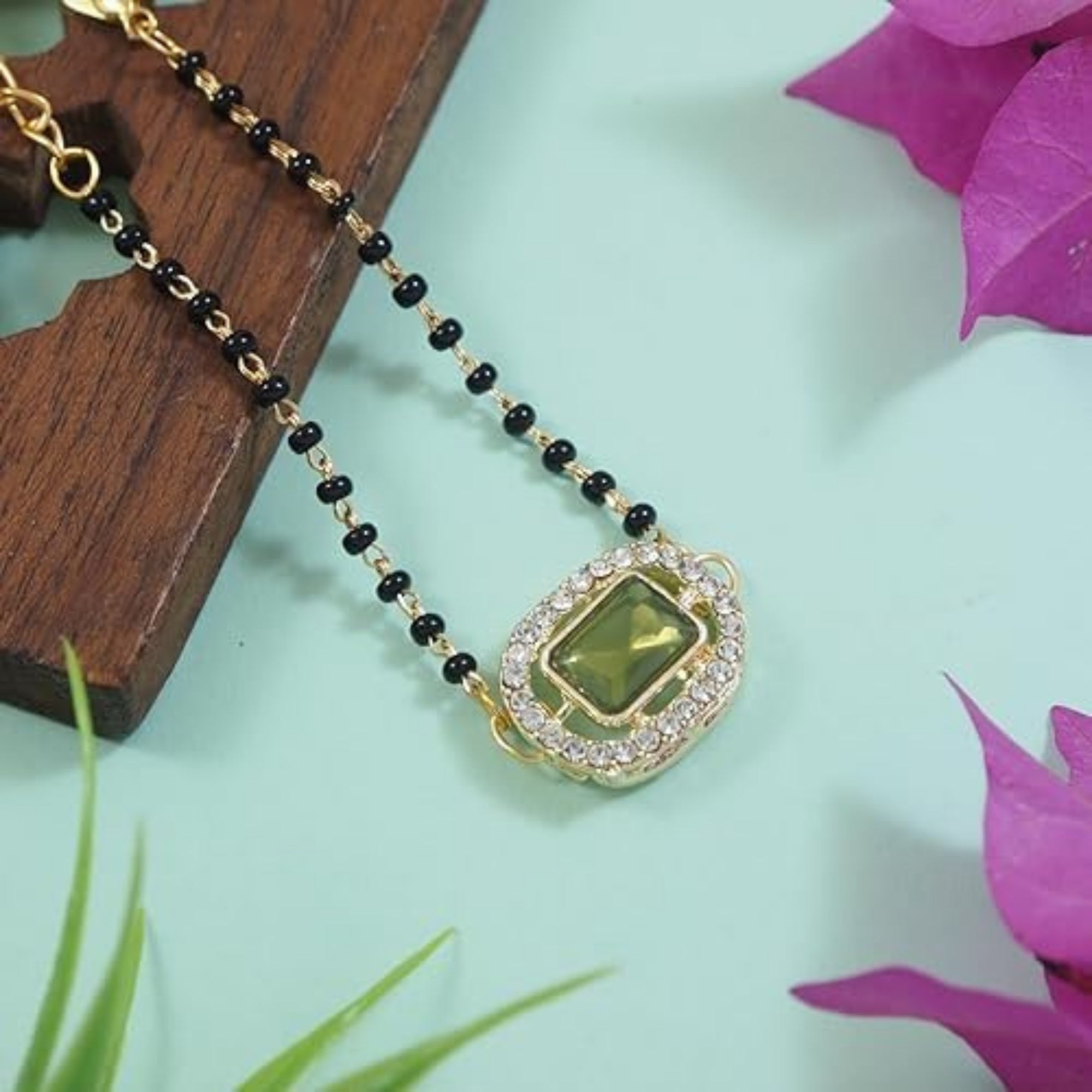 Etnico Gold Plated Traditional Adjustable Black Beads Mangalsutra Bracelet with White Pendant for Women (MB013Mh)