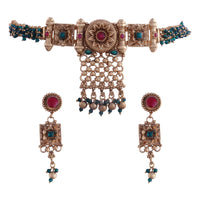Etnico Gold Plated Traditional Brass Pearl Choker Necklace With Earrings for Women/Girls (MC111G)
