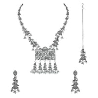 Etnico Ethnic Silver Oxidised Inspired by Garba With Peacock and Elephant Design Long Necklace Jewellery Set For Women/Girls (MC153OX)