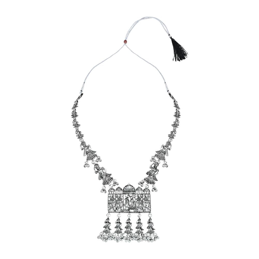Etnico Ethnic Silver Oxidised Inspired by Garba With Peacock and Elephant Design Long Necklace Jewellery Set For Women/Girls (MC153OX)