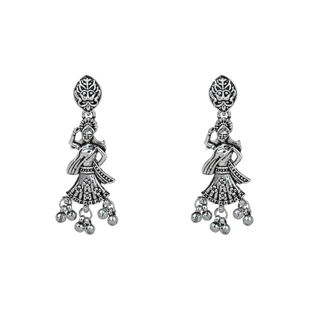 Etnico Ethnic Silver Oxidised Inspired by Garba With Peacock and Elephant Design Long Necklace Jewellery Set For Women/Girls (MC153OX)