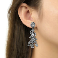 Etnico Ethnic Silver Oxidised Inspired by Garba With Peacock and Elephant Design Long Necklace Jewellery Set For Women/Girls (MC153OX)