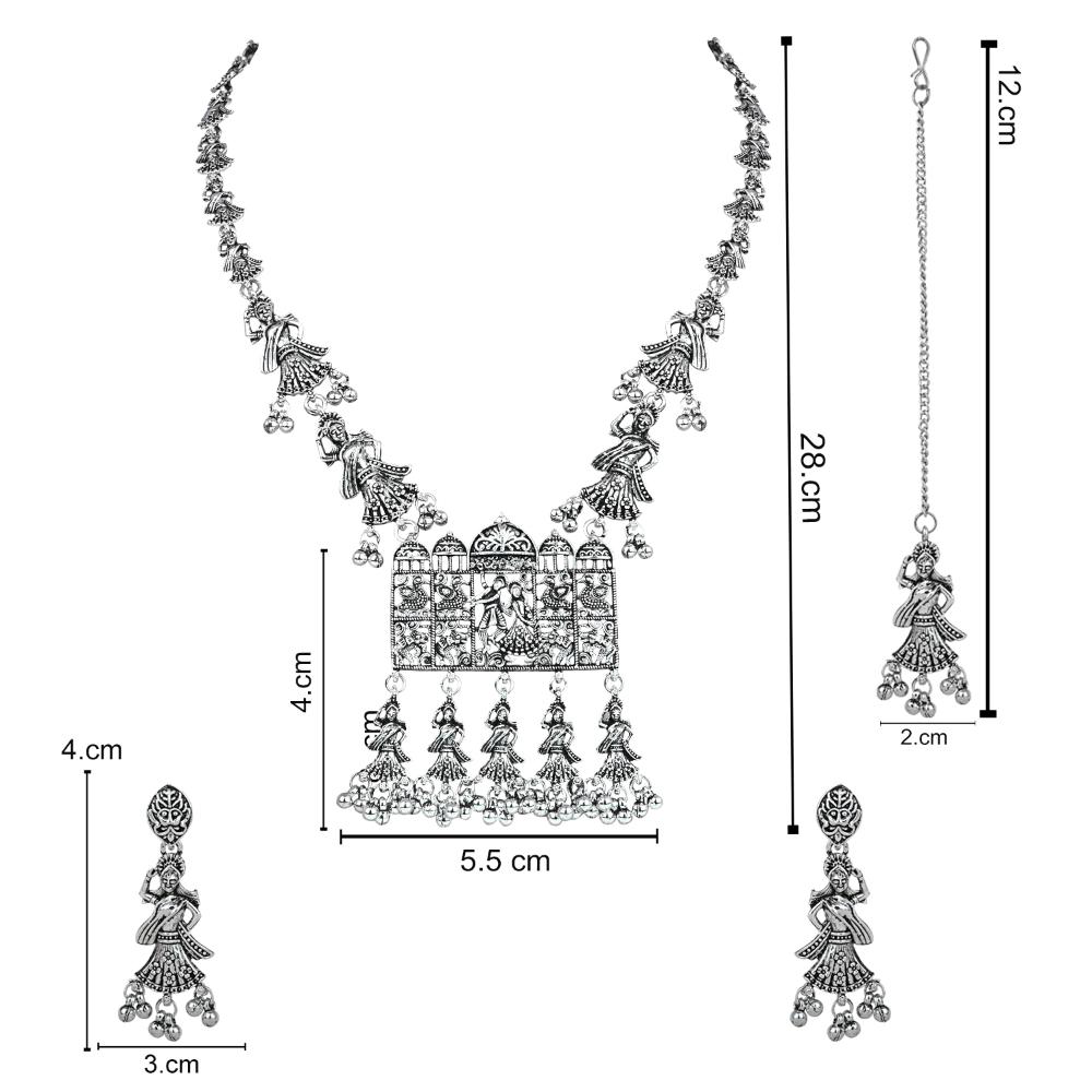 Etnico Ethnic Silver Oxidised Inspired by Garba With Peacock and Elephant Design Long Necklace Jewellery Set For Women/Girls (MC153OX)