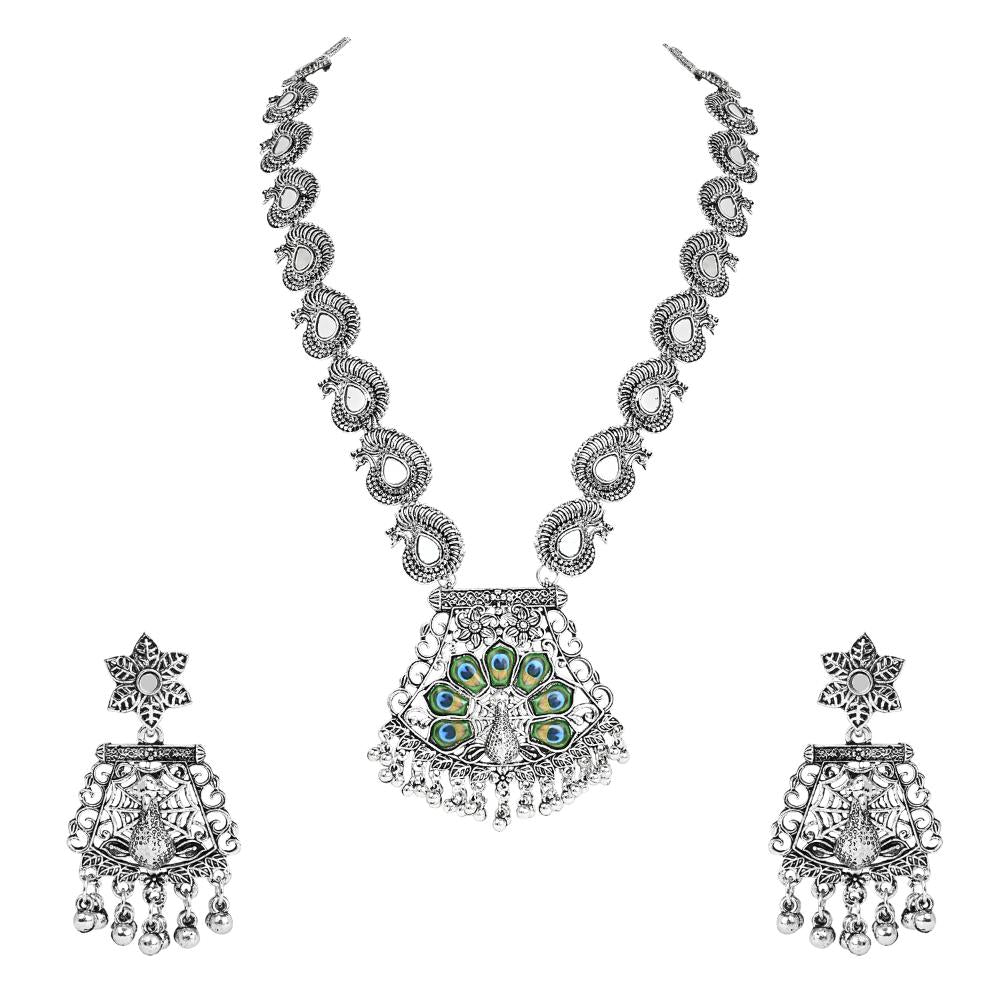 Etnico Silver Oxidised Ethnic Peacock Feather Ghungroo Long Necklace Jewellery Set For Women/Girls