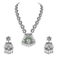 Etnico Silver Oxidised Ethnic Peacock Feather Ghungroo Long Necklace Jewellery Set For Women/Girls