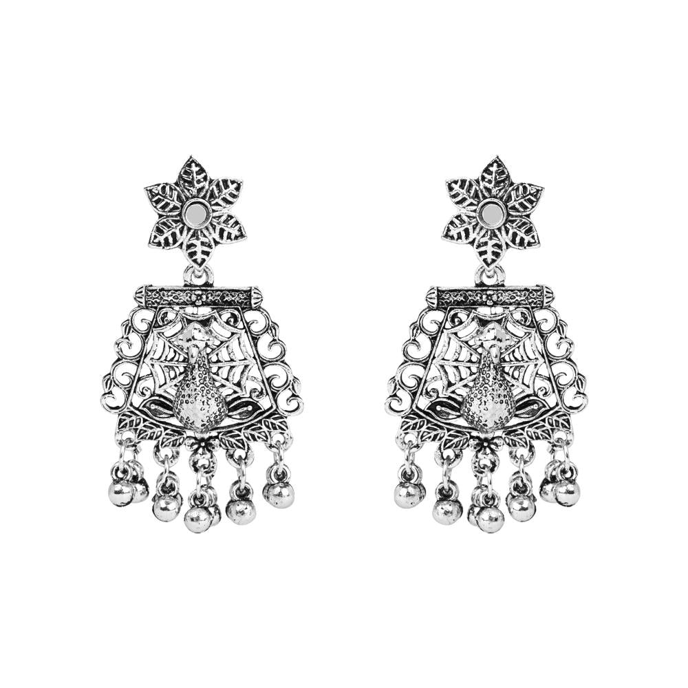 Etnico Silver Oxidised Ethnic Peacock Feather Ghungroo Long Necklace Jewellery Set For Women/Girls