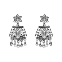 Etnico Silver Oxidised Ethnic Peacock Feather Ghungroo Long Necklace Jewellery Set For Women/Girls