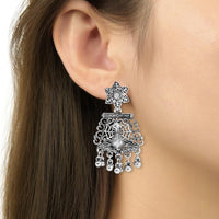 Etnico Silver Oxidised Ethnic Peacock Feather Ghungroo Long Necklace Jewellery Set For Women/Girls