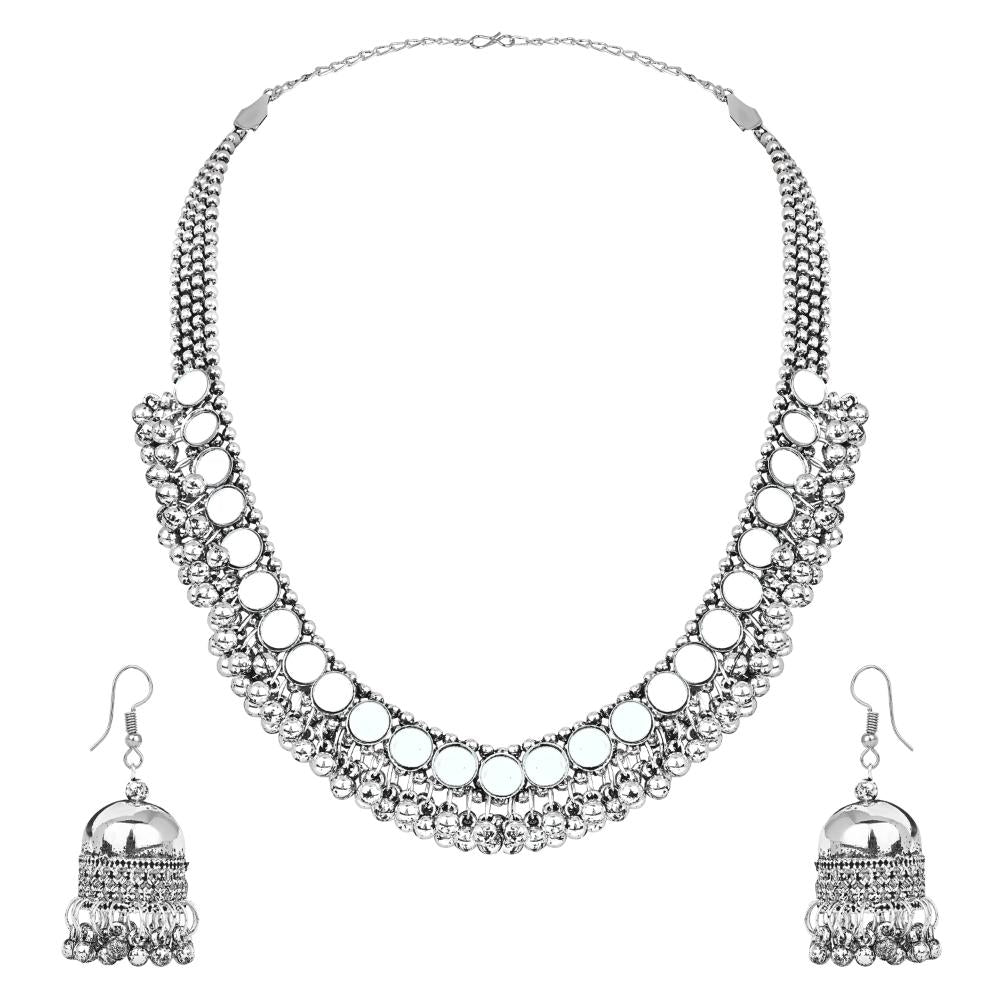 Etnico Ethnic Silver Oxidised Mirror Work Ghungroo Necklace Jewellery With Jhumka Earrings Set For Women/Girls (MC159OX)