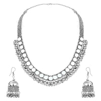 Etnico Ethnic Silver Oxidised Mirror Work Ghungroo Necklace Jewellery With Jhumka Earrings Set For Women/Girls (MC159OX)