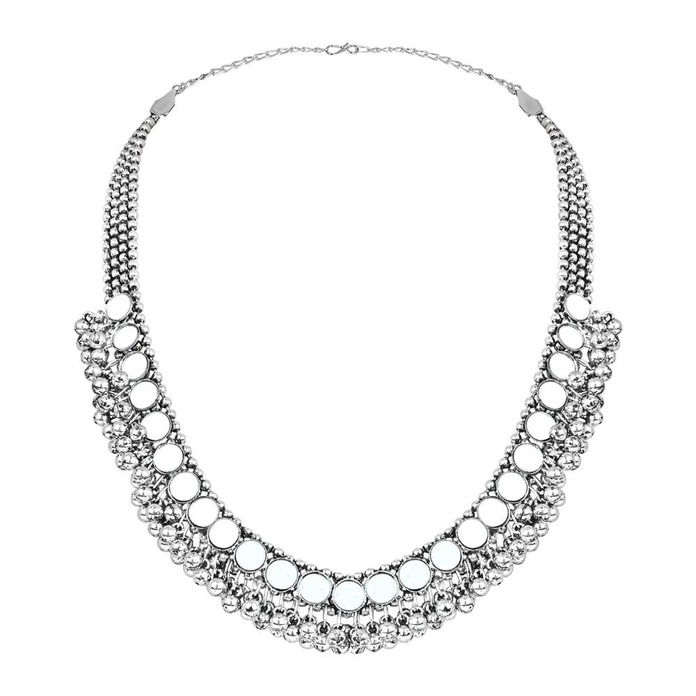 Etnico Ethnic Silver Oxidised Mirror Work Ghungroo Necklace Jewellery With Jhumka Earrings Set For Women/Girls (MC159OX)