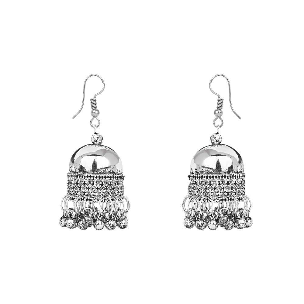 Etnico Ethnic Silver Oxidised Mirror Work Ghungroo Necklace Jewellery With Jhumka Earrings Set For Women/Girls (MC159OX)