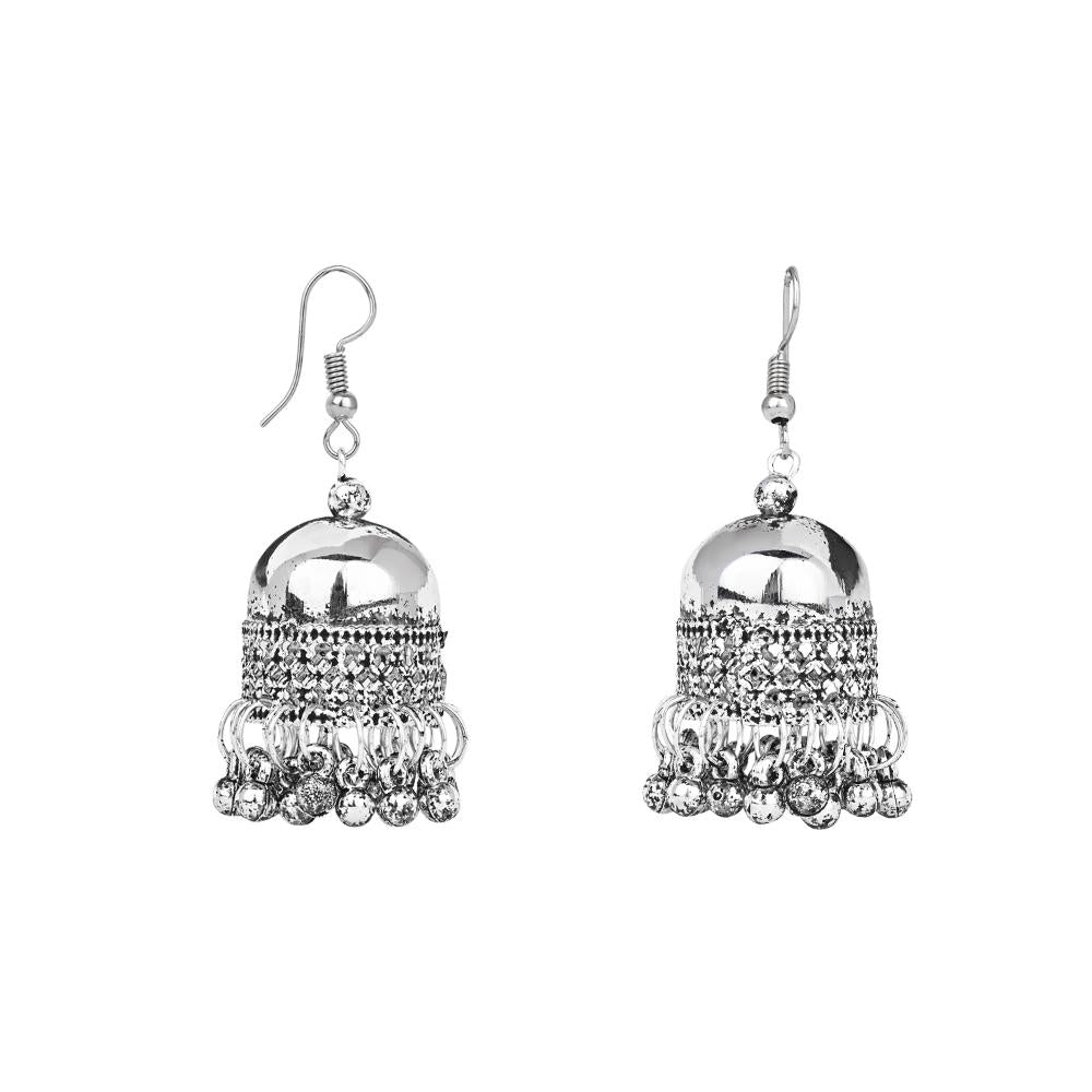 Etnico Ethnic Silver Oxidised Mirror Work Ghungroo Necklace Jewellery With Jhumka Earrings Set For Women/Girls (MC159OX)