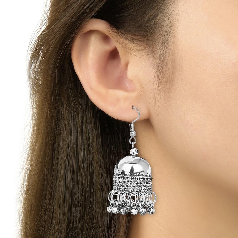 Etnico Ethnic Silver Oxidised Mirror Work Ghungroo Necklace Jewellery With Jhumka Earrings Set For Women/Girls (MC159OX)