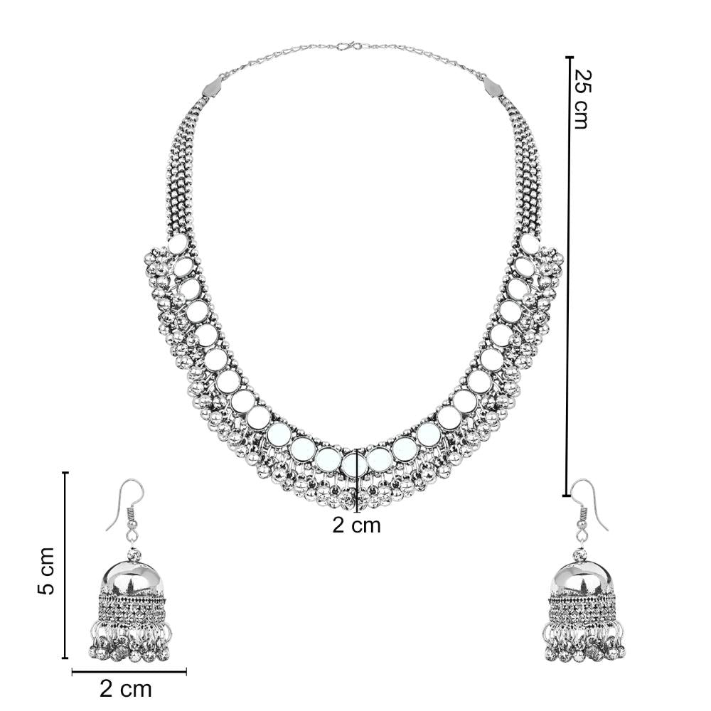 Etnico Ethnic Silver Oxidised Mirror Work Ghungroo Necklace Jewellery With Jhumka Earrings Set For Women/Girls (MC159OX)