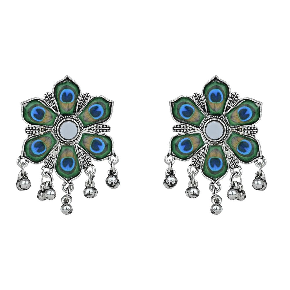 Etnico Ethnic Silver Oxidised Peacock Feather Ghungroo Long Necklace Jewellery Set For Women/Girls (MC163OX)