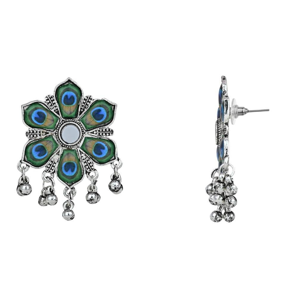 Etnico Ethnic Silver Oxidised Peacock Feather Ghungroo Long Necklace Jewellery Set For Women/Girls (MC163OX)