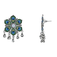 Etnico Ethnic Silver Oxidised Peacock Feather Ghungroo Long Necklace Jewellery Set For Women/Girls (MC163OX)