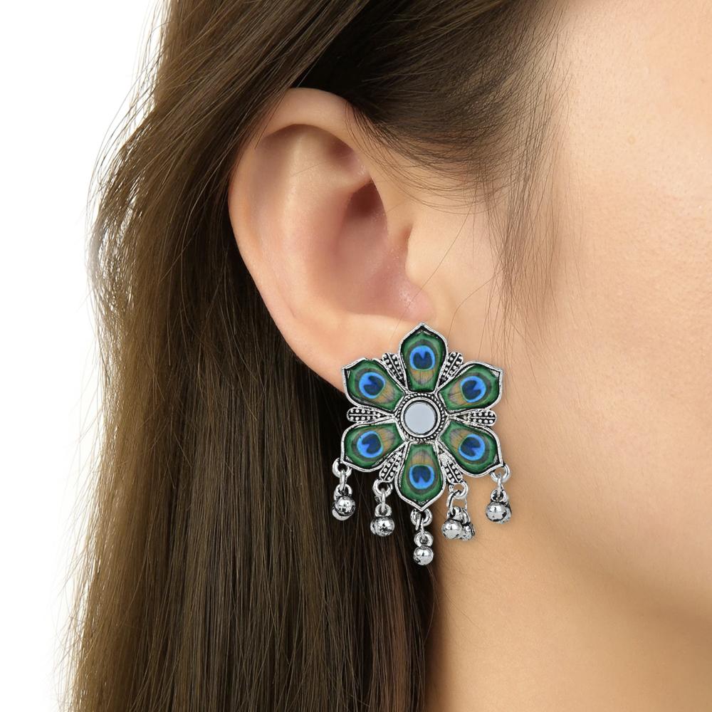 Etnico Ethnic Silver Oxidised Peacock Feather Ghungroo Long Necklace Jewellery Set For Women/Girls (MC163OX)