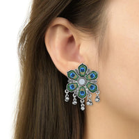 Etnico Ethnic Silver Oxidised Peacock Feather Ghungroo Long Necklace Jewellery Set For Women/Girls (MC163OX)