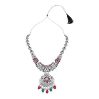Etnico Stylish Silver Oxidised Chain Pendant Long Necklace Jewellery Set Whit Earrings For Women & Girls (Style 5)