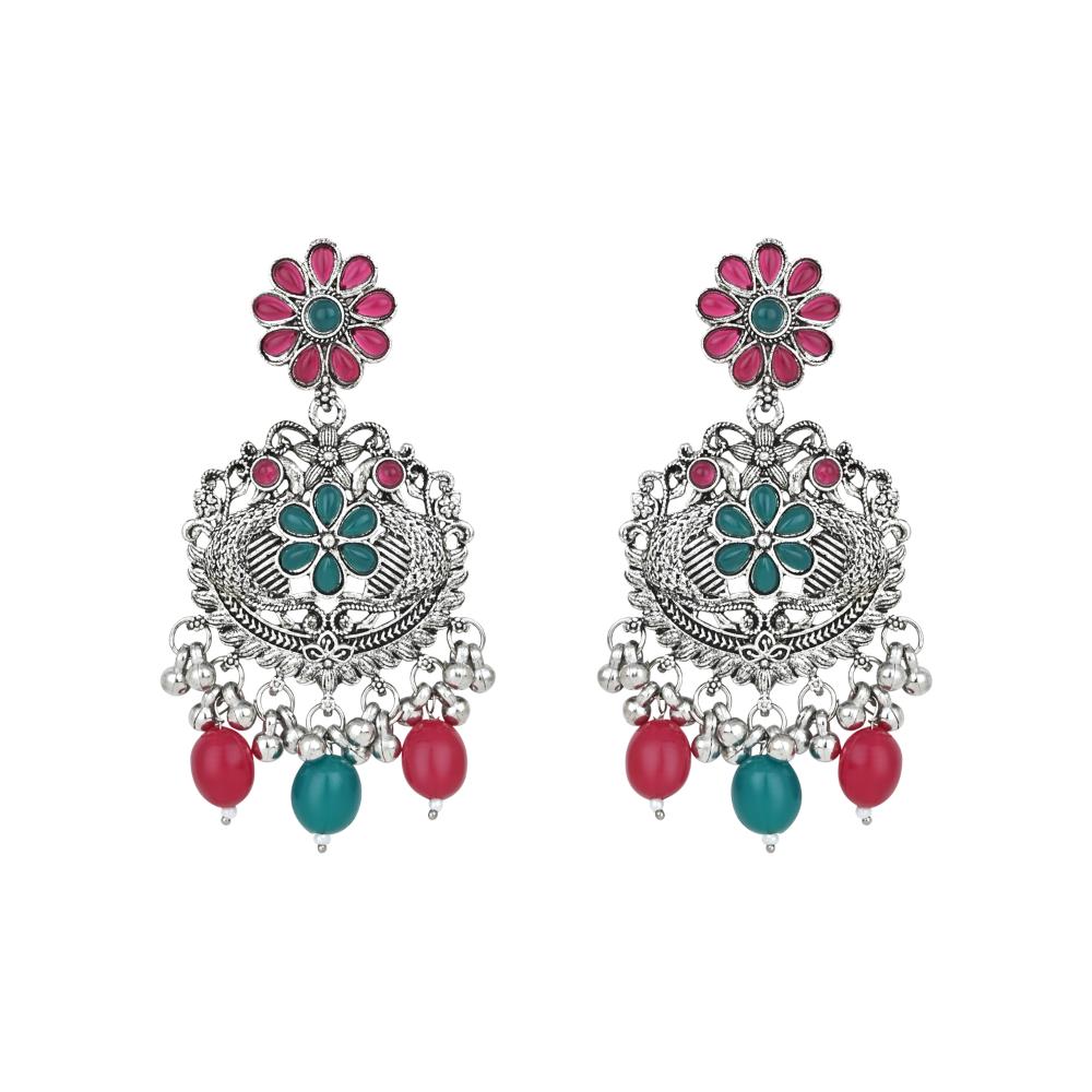 Etnico Stylish Silver Oxidised Chain Pendant Long Necklace Jewellery Set Whit Earrings For Women & Girls (Style 5)