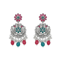 Etnico Stylish Silver Oxidised Chain Pendant Long Necklace Jewellery Set Whit Earrings For Women & Girls (Style 5)