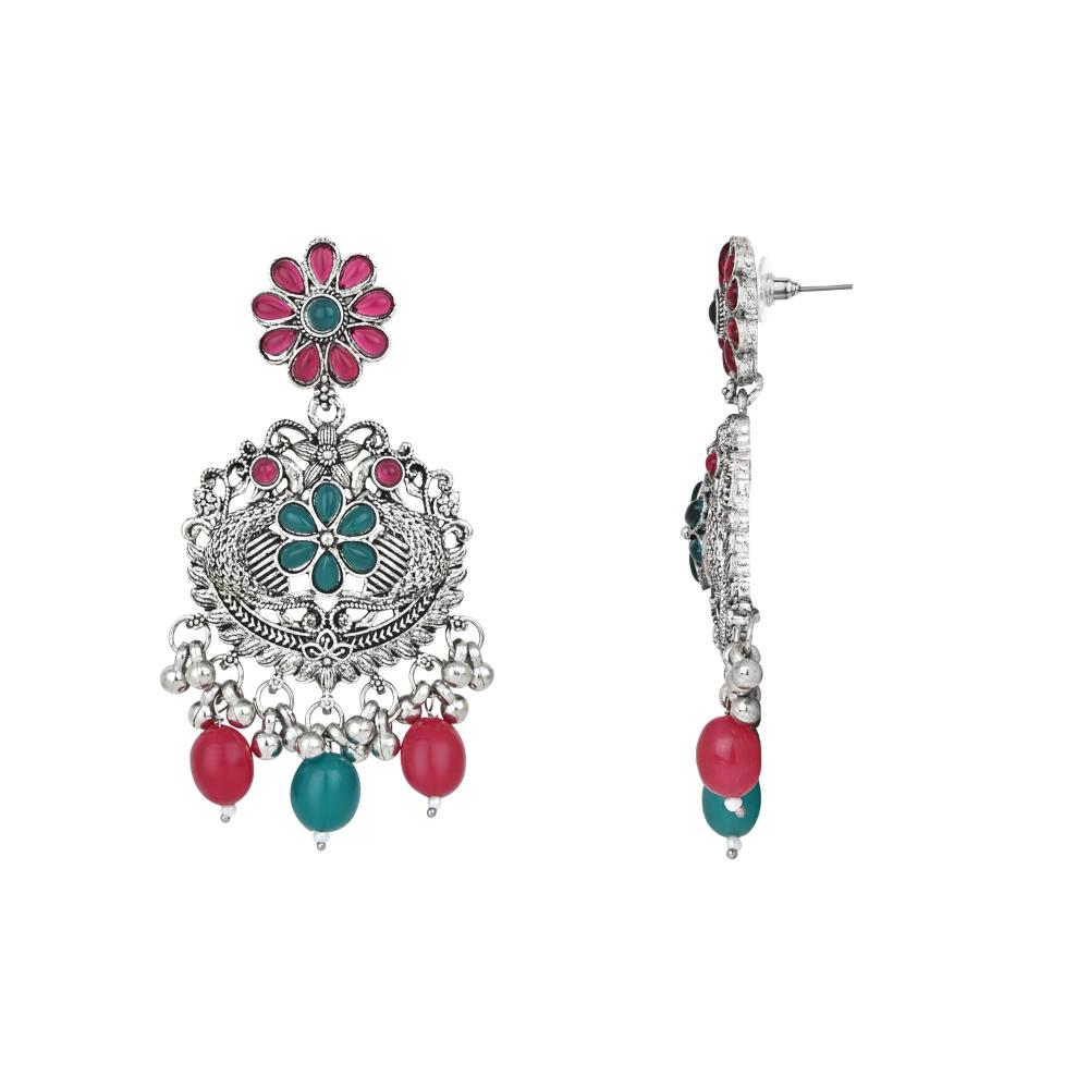 Etnico Stylish Silver Oxidised Chain Pendant Long Necklace Jewellery Set Whit Earrings For Women & Girls (Style 5)