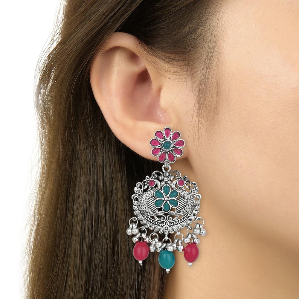 Etnico Stylish Silver Oxidised Chain Pendant Long Necklace Jewellery Set Whit Earrings For Women & Girls (Style 5)