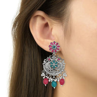 Etnico Stylish Silver Oxidised Chain Pendant Long Necklace Jewellery Set Whit Earrings For Women & Girls (Style 5)