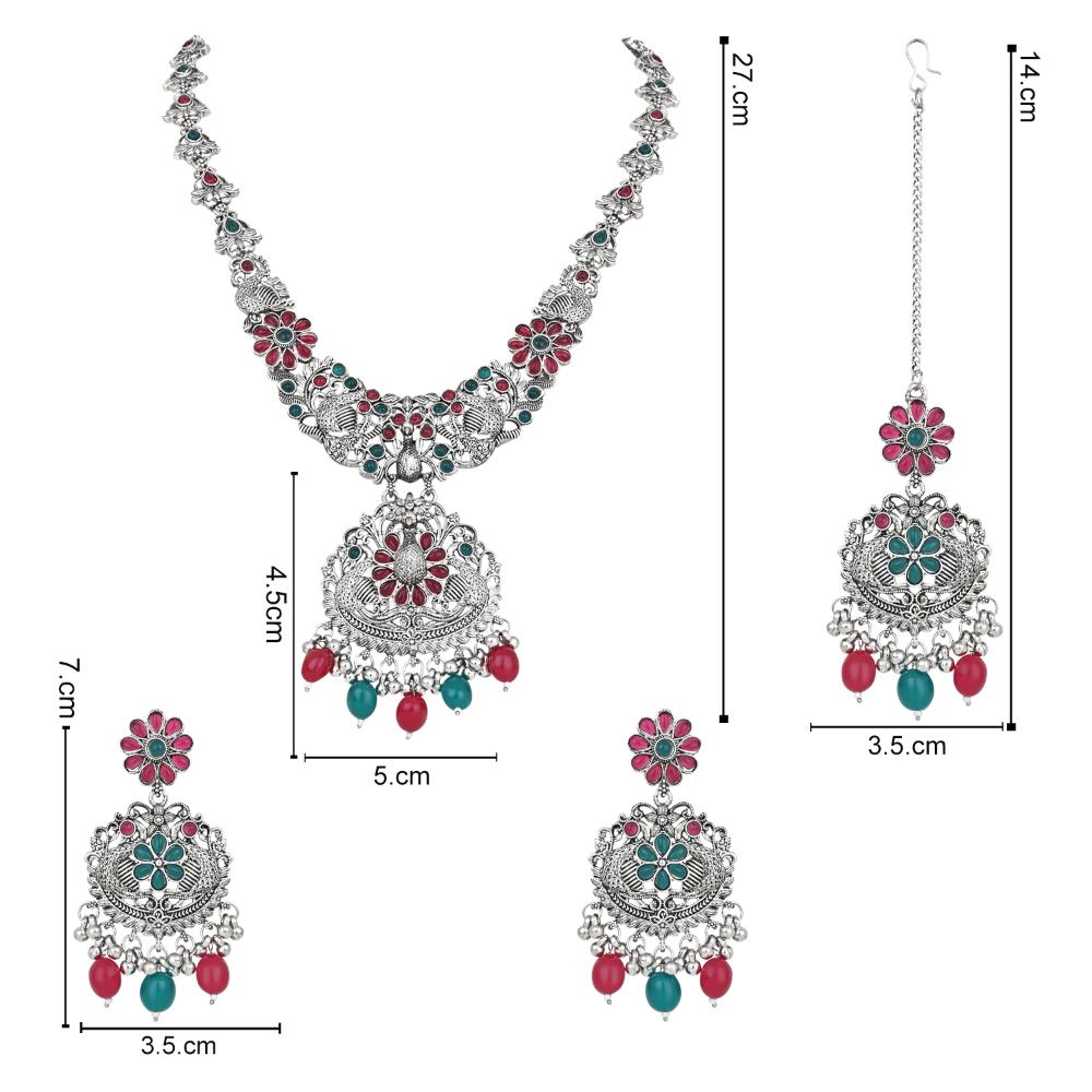 Etnico Stylish Silver Oxidised Chain Pendant Long Necklace Jewellery Set Whit Earrings For Women & Girls (Style 5)